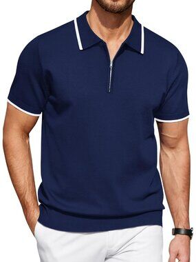 Men's Navy Blue Zipper Polo Shirt Casual Knit Short Sleeve Classic Fit Tee Style